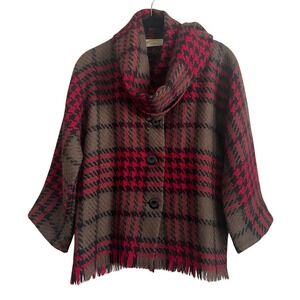 VTG 1950s Houndstooth Fringe Scarf Peacoat Brown Red M Old Money Preppy Retro